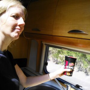 Helen in her van, first meal